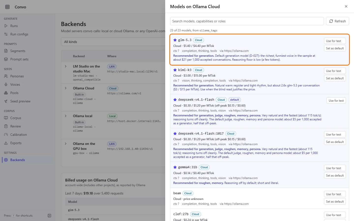 The model list on Ollama Cloud, with prices and recommended models at the top