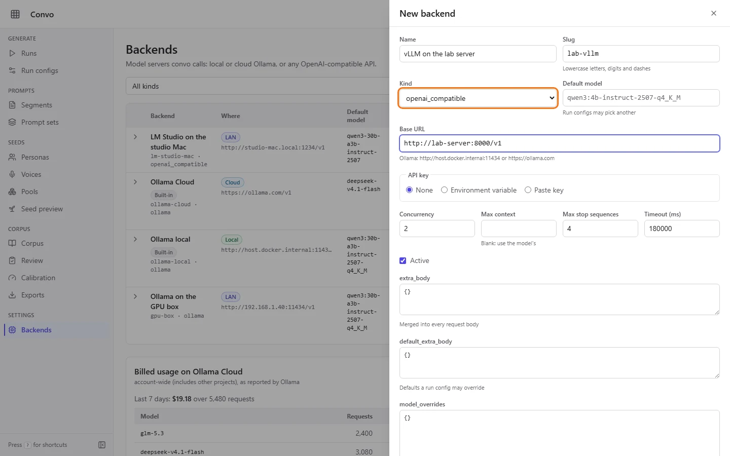 The New backend form with openai_compatible picked as the kind