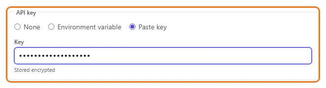 The API key choices with Paste key selected and the Key field below