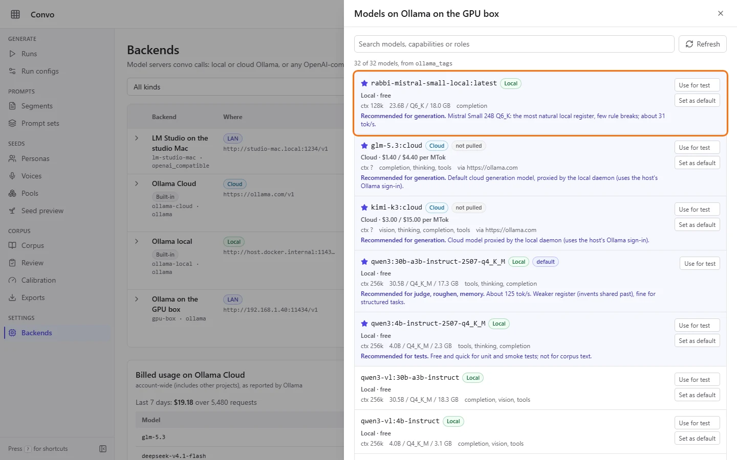 The model list for a backend, with Use for test and Set as default on each model