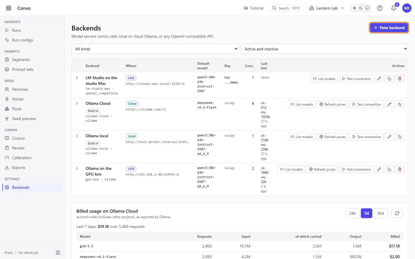 The Backends list with the New backend button highlighted
