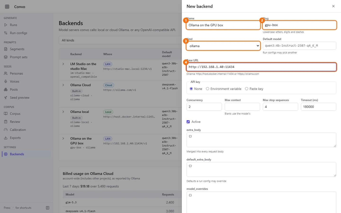 The New backend form with name, slug, kind and base URL filled in