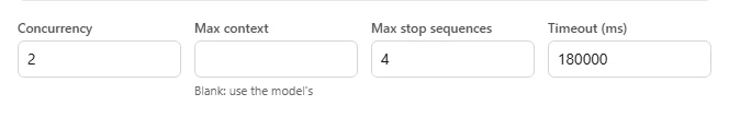 The Concurrency, Max context, Max stop sequences and Timeout fields