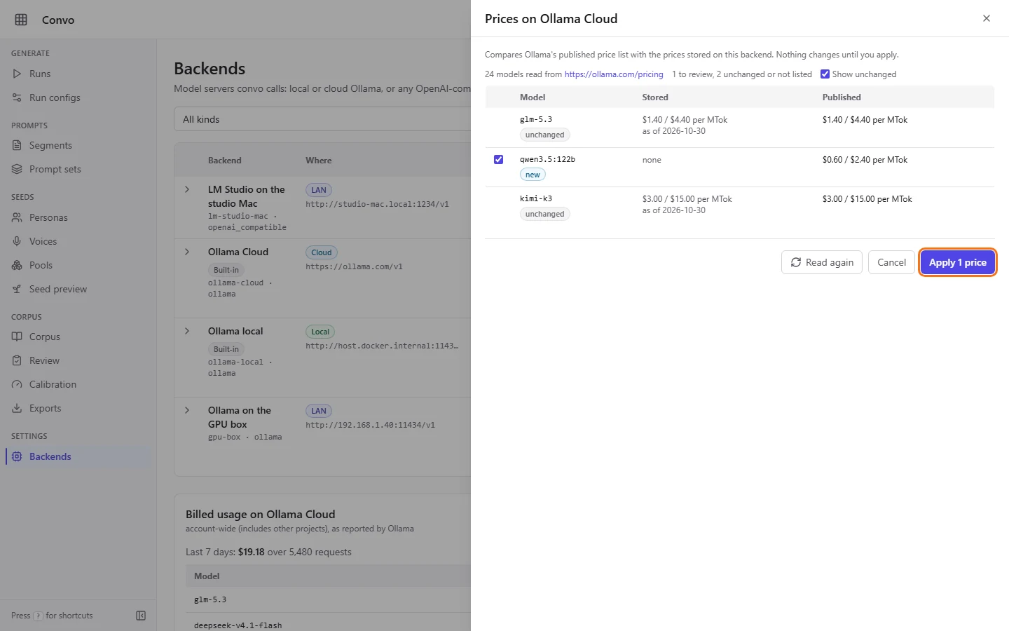The price comparison drawer with one new model ticked and the stored prices unchanged