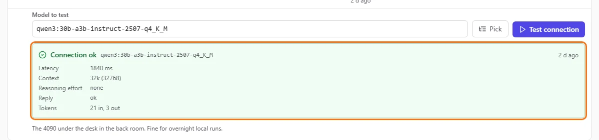 An open test panel showing a successful test result