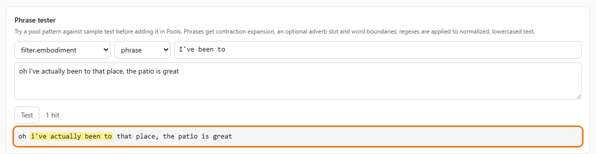 The tester showing one hit highlighted in the sample text