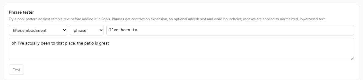 The Phrase tester at the bottom of the Calibration page