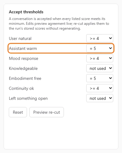 The Accept thresholds panel with Assistant warm raised to = 5