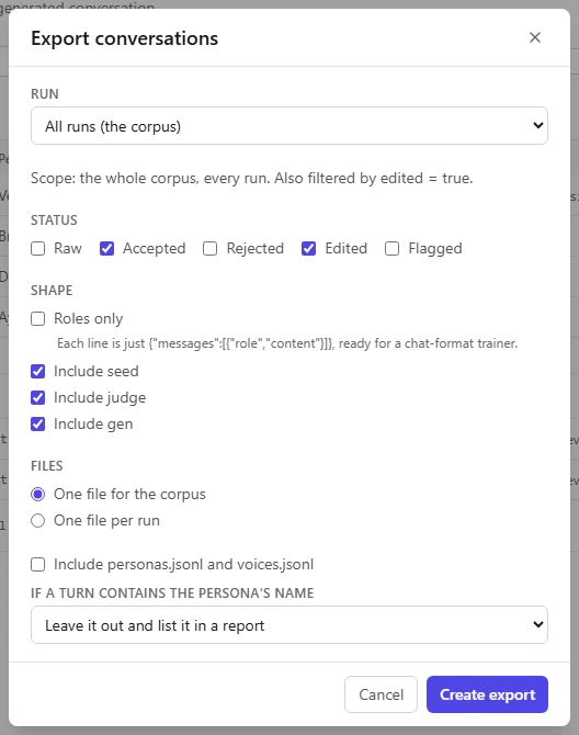 The export dialog opened from the corpus page with the page's filters listed