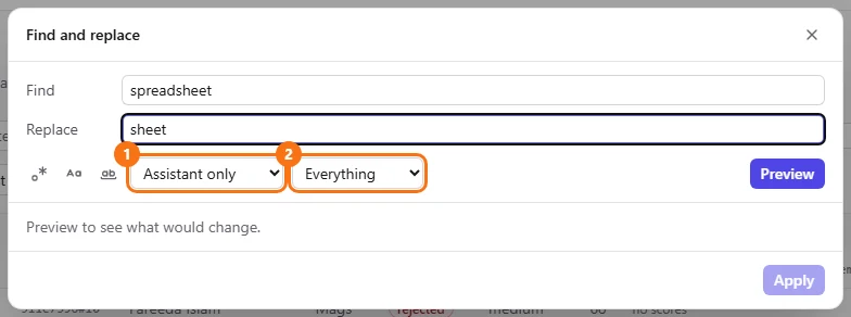 The Find and replace dialog filled in, with Assistant only and Everything selected