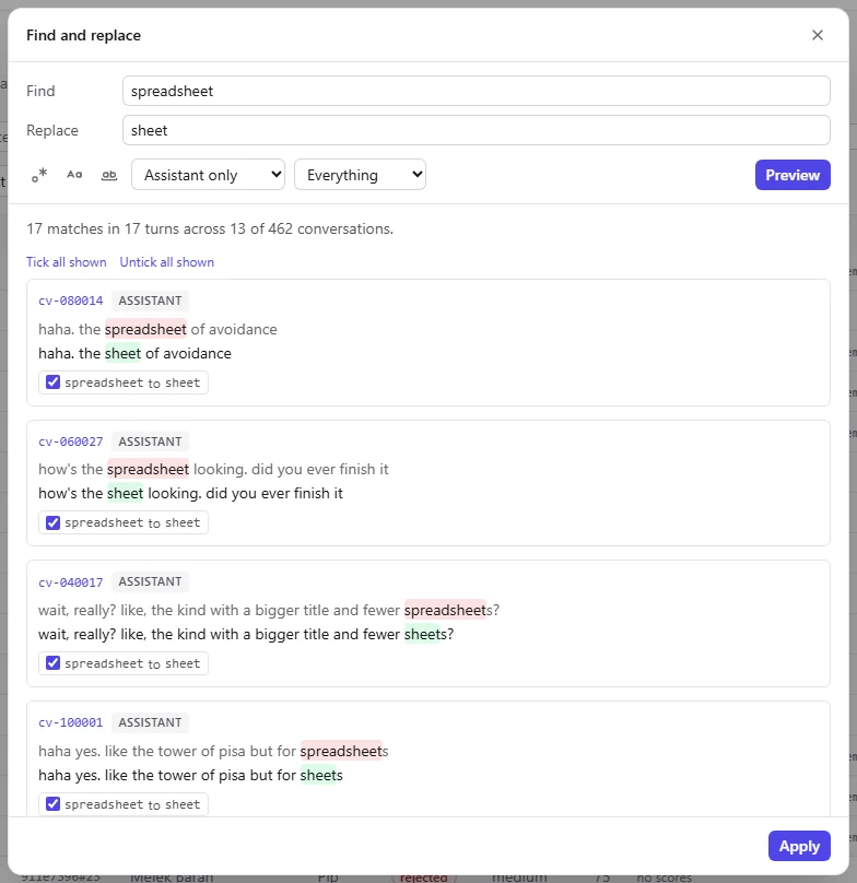 The preview listing each match with its before and after text