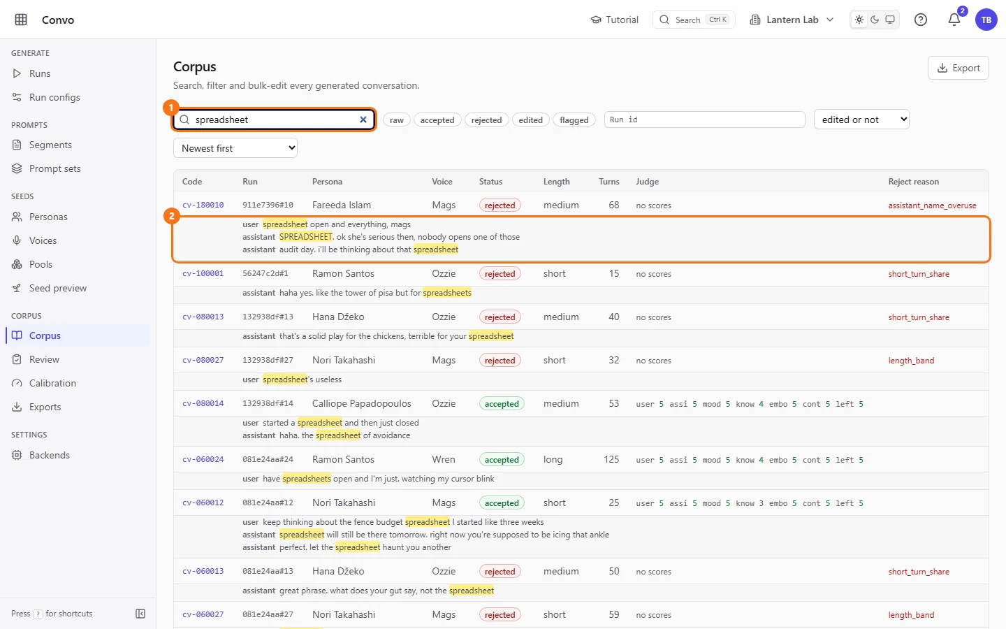 Search results with highlighted snippets under each conversation