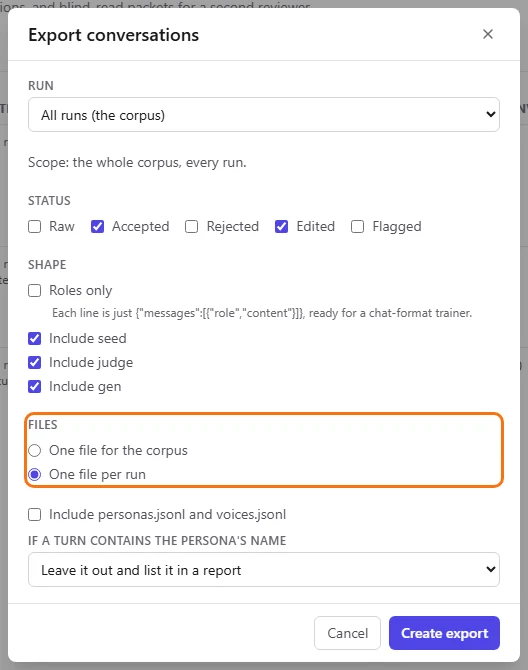 One file per run selected under Files