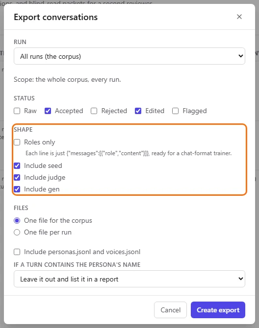 The full-record options with seed, judge and gen ticked