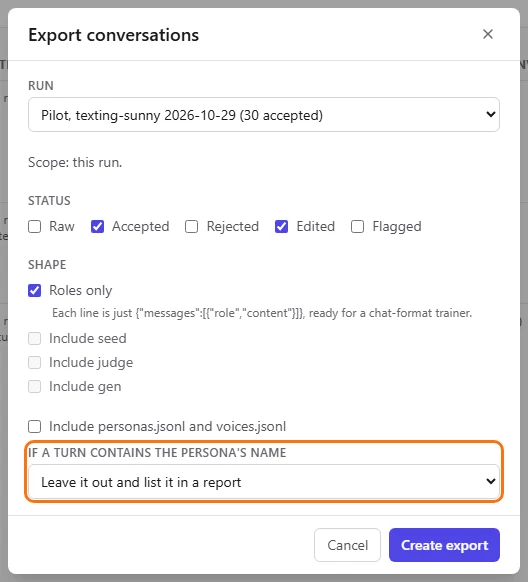 The persona-name guard set to leave it out and list it in a report