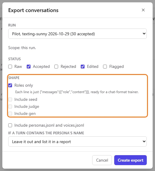 Roles only ticked, with the include options greyed out