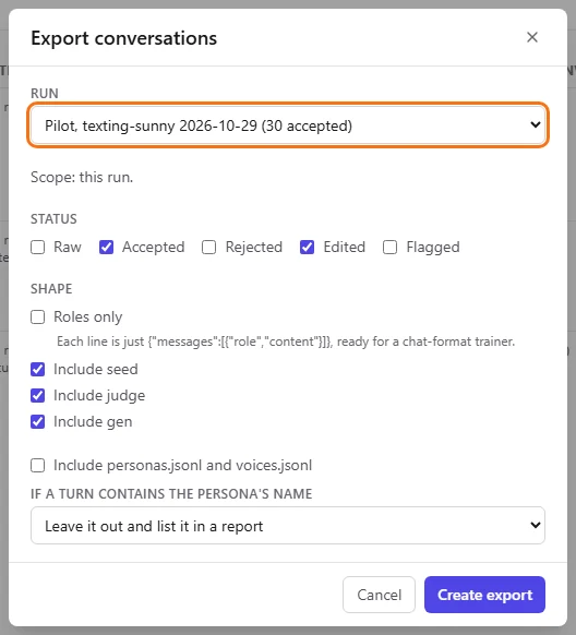 The export dialog with a run picked