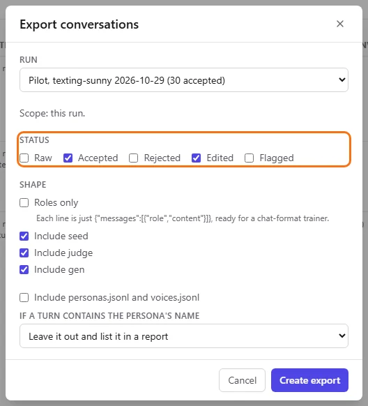 The Status checkboxes with Accepted and Edited ticked
