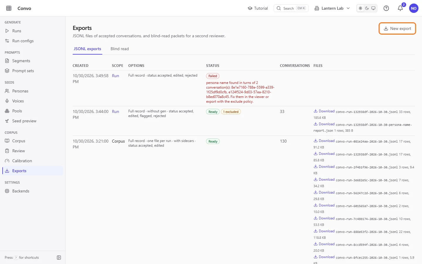 The Exports page with the New export button