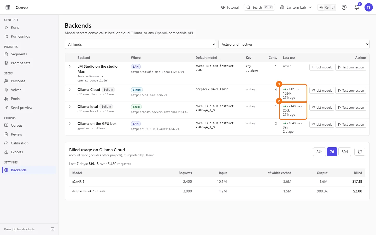 The Backends list with Ollama Cloud and Ollama local