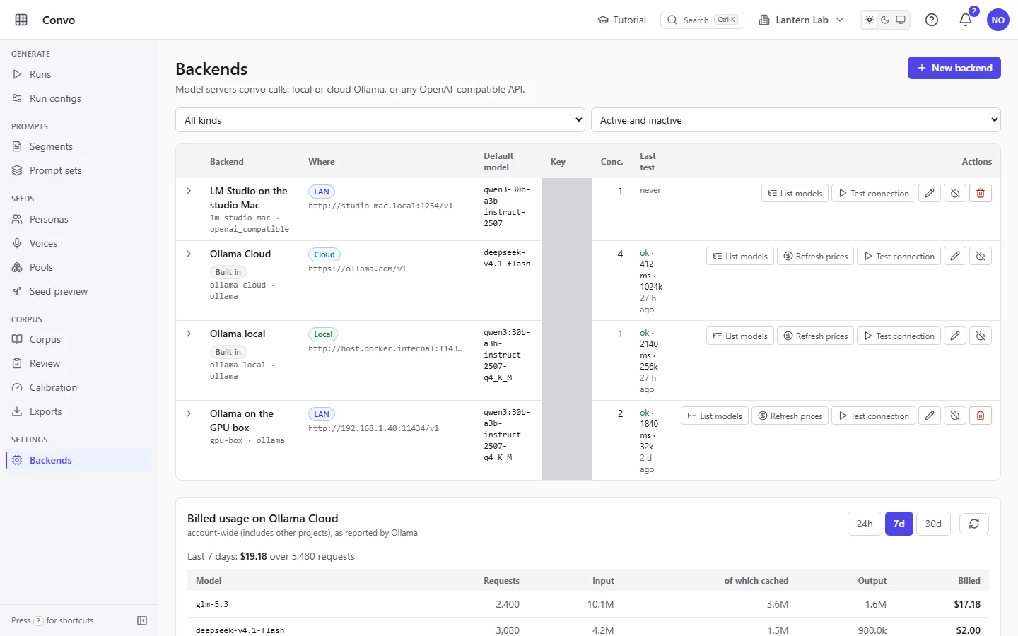 The Backends page listing Ollama Cloud, a local Ollama, and two servers on the local network marked LAN. The API key column is masked.