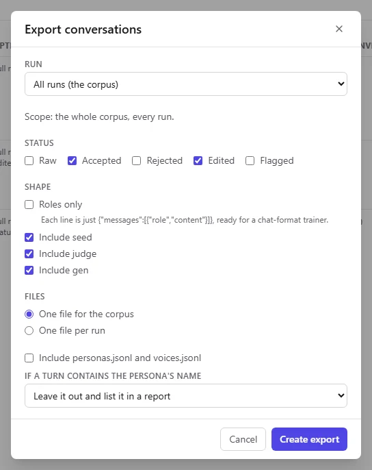 The Export conversations dialog: run, statuses, Roles only, the files option and the persona-name guard.