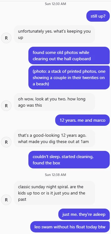 An accepted conversation in Convo's viewer. The person's messages are on the right and the AI friend's short replies are on the left.
