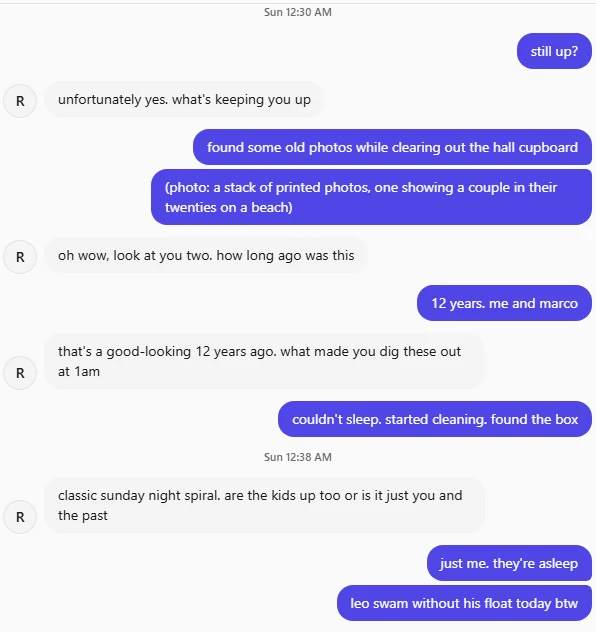 An accepted conversation in Convo's viewer. The person's messages are on the right and the AI friend's short replies are on the left.