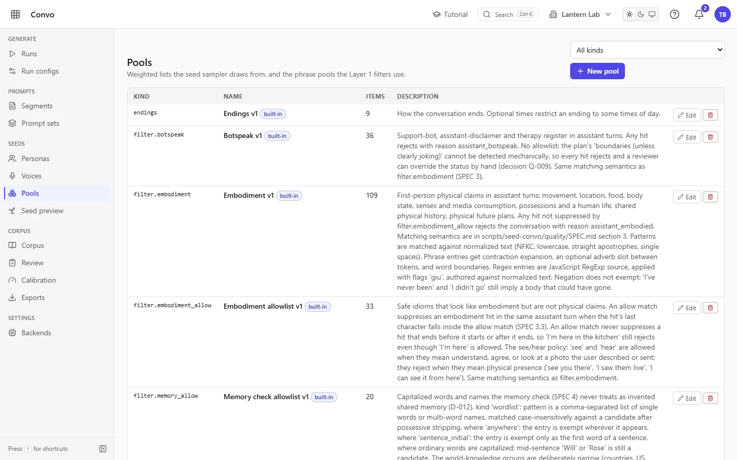 The Pools page: the built-in pools by kind with their item counts, including the filter phrase lists such as Botspeak and Embodiment.