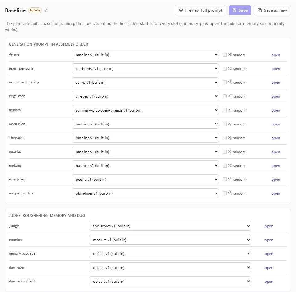 The Baseline prompt set: a table of slots, each with the segment chosen for it.
