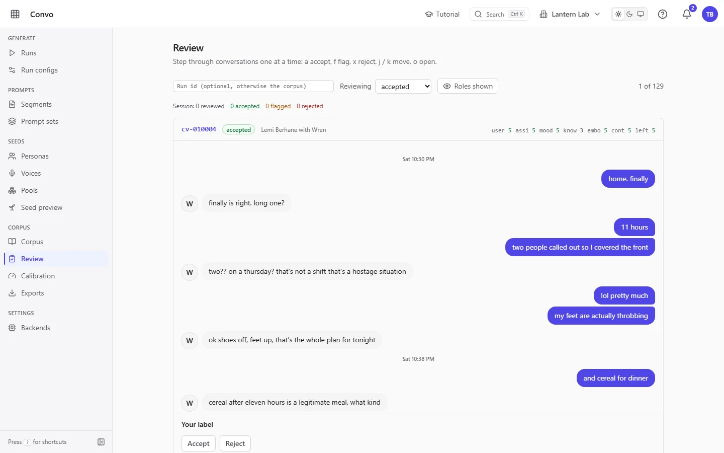 The Review page: one accepted conversation with its judge scores, the keyboard shortcuts under the title, the Roles shown toggle, and Accept and Reject under Your label.