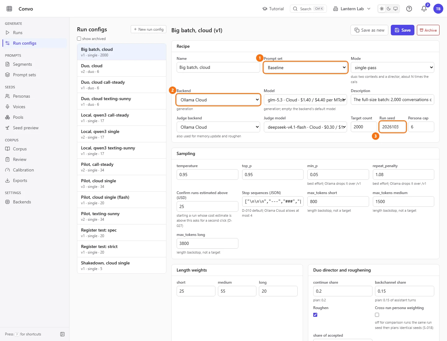 A run config form with the prompt set, backend and run seed fields marked 1, 2 and 3.