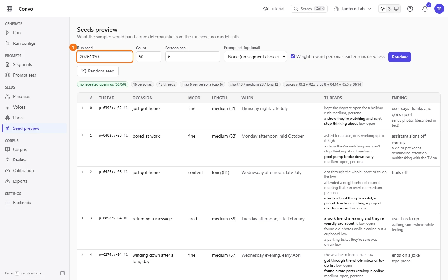 Seed preview listing planned conversations, one row per seed, with persona, voice, mood and occasion.