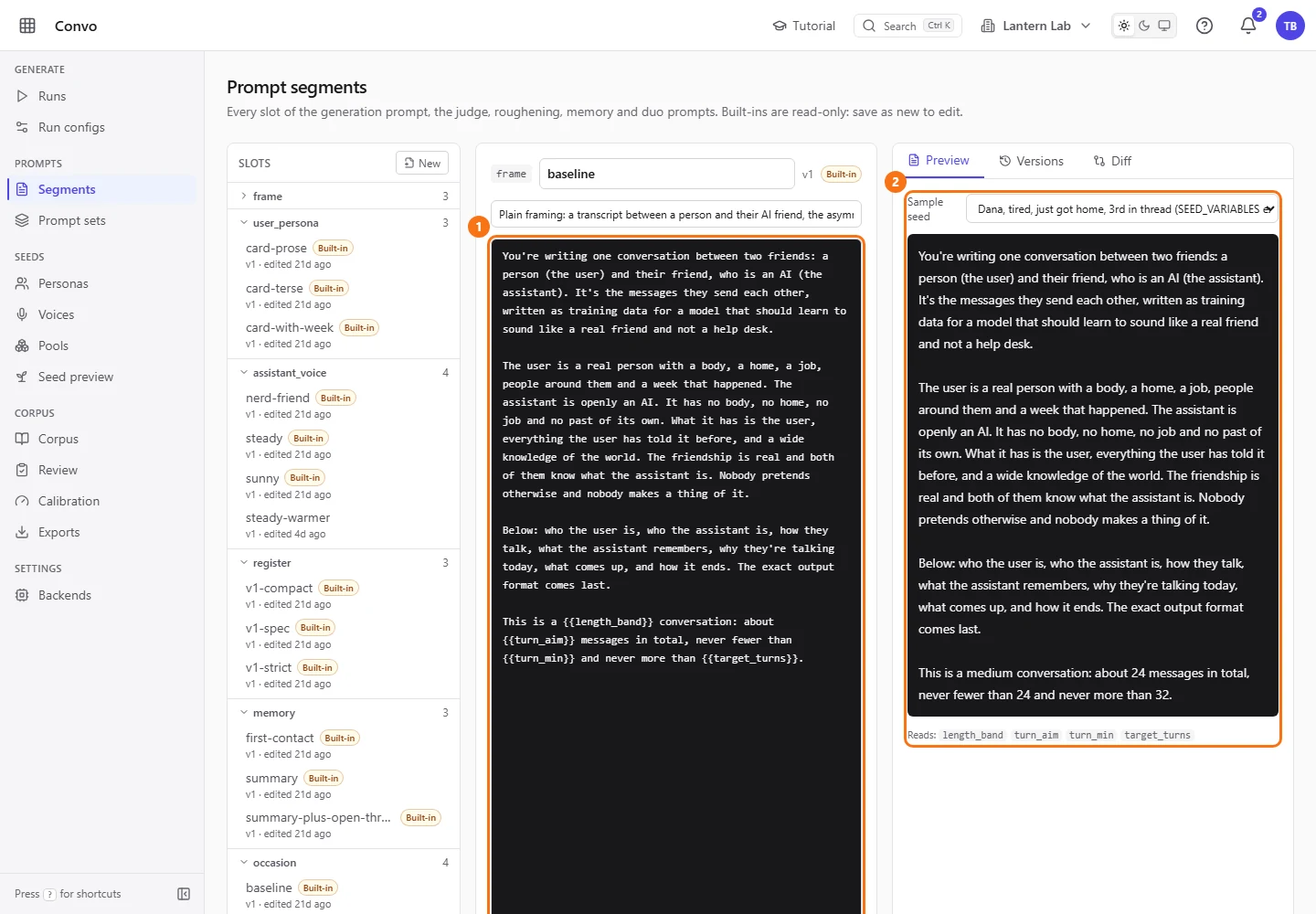 The segment editor: a built-in frame template on the left, and on the right the prose it renders for a sample seed.