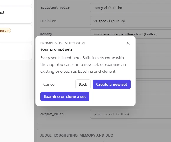 The Prompt sets tour at a fork, step 2 of 21: the card offers two buttons, Create a new set and Examine or clone a set.