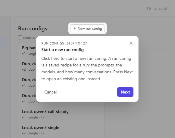 The Run configs tour, first step: the New run config button is spotlit and a small card explains it, with Next and Cancel.