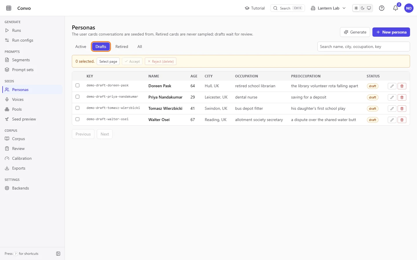 The Drafts tab listing four draft personas, each with a checkbox