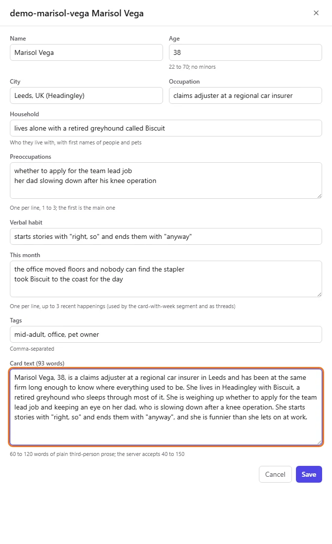 The Card text field with its live word count in the label