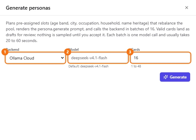 The Generate personas panel with Ollama Cloud chosen and its default model shown under the Model box