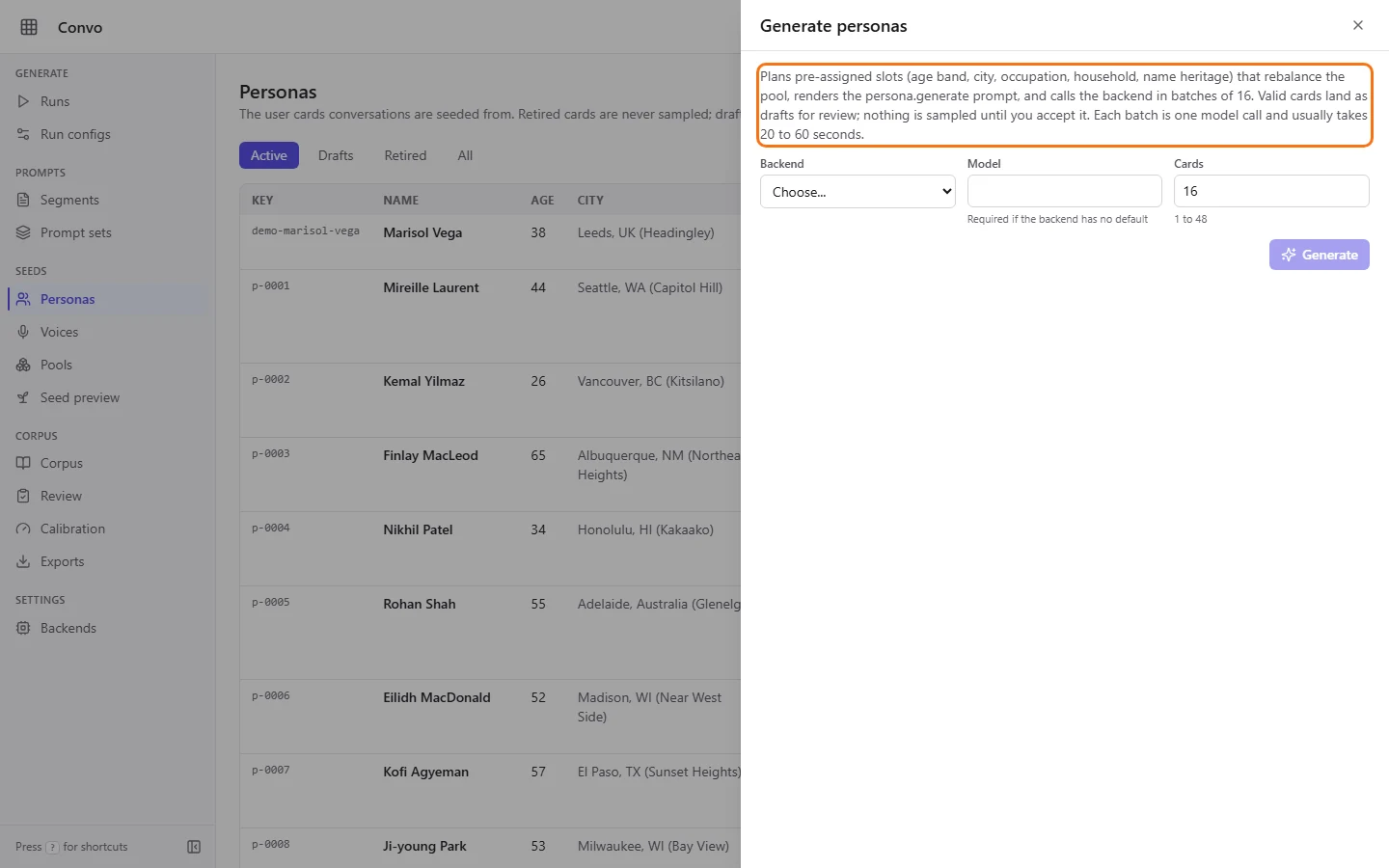 The Generate personas panel with its Backend, Model and Cards fields