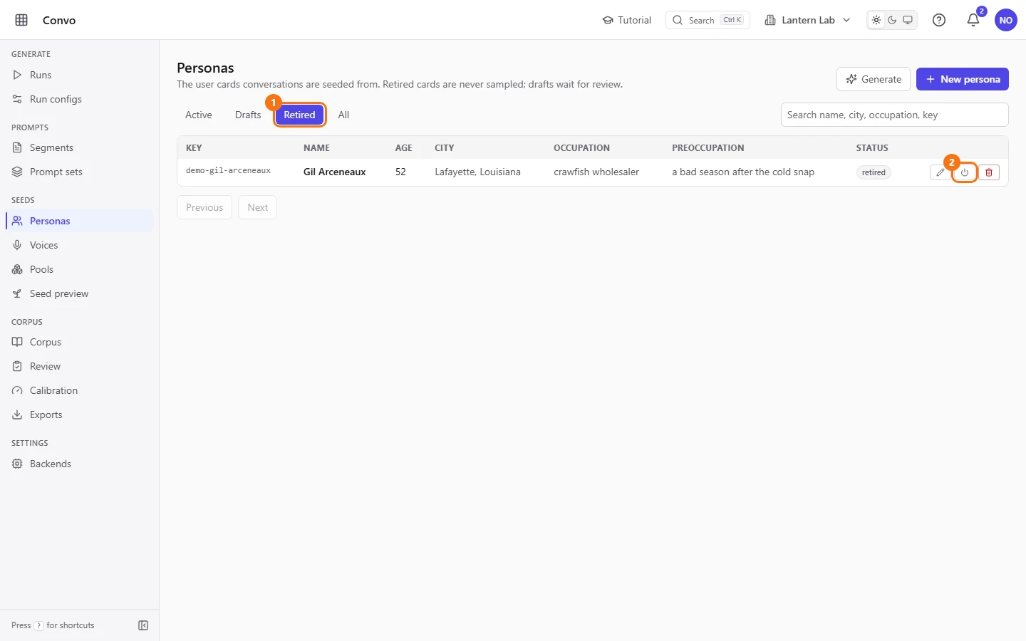The Retired tab listing a retired persona with the retired status