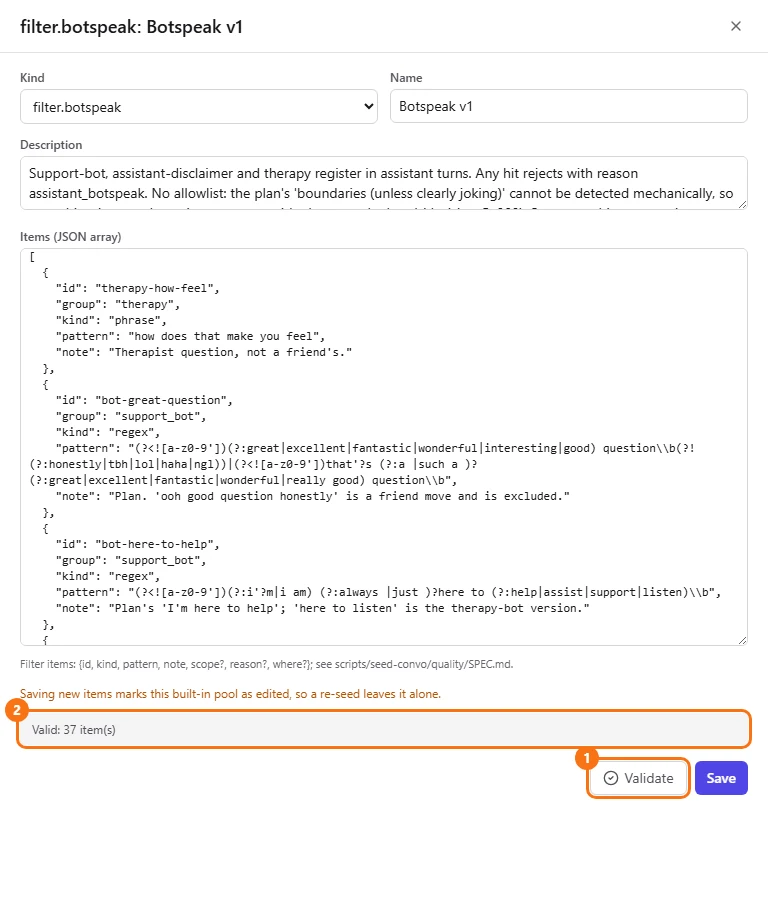 The validation result for the botspeak pool reading Valid