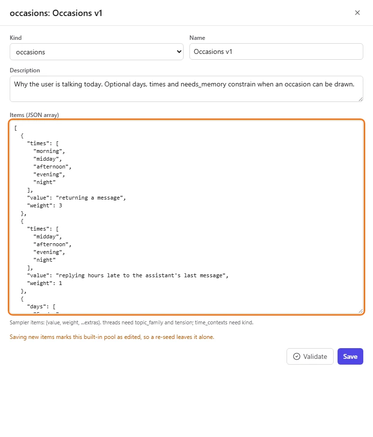 The occasions pool open in the editor, showing its items as JSON
