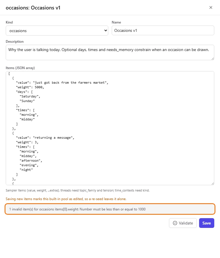 A validation error for a weight above 1000
