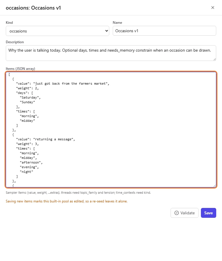 The new farmers market item at the top of the Items (JSON array) box