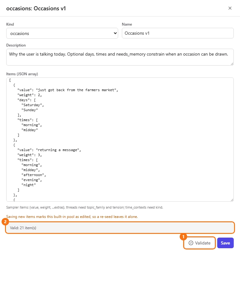 The validation result reading Valid with the item count