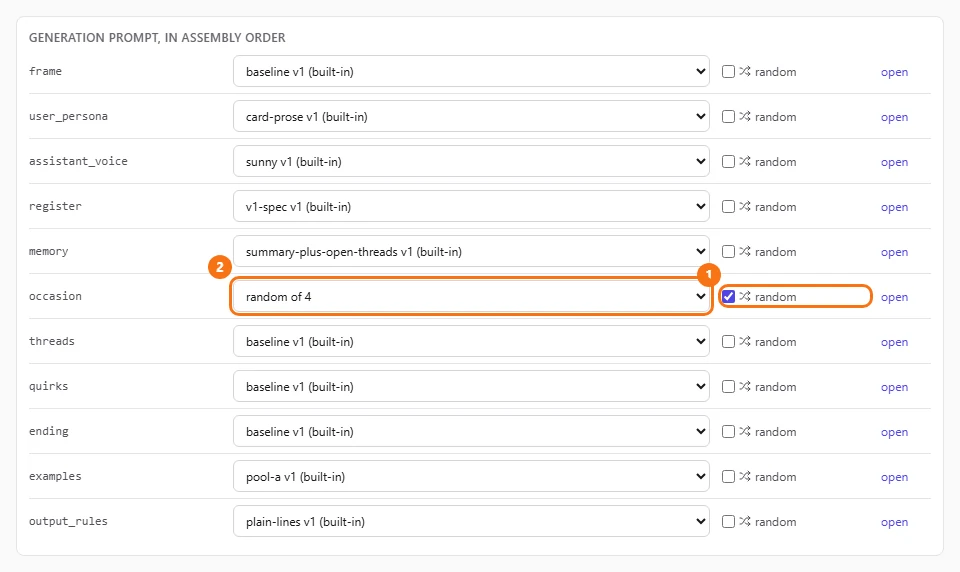The occasion slot with random ticked and its dropdown reading random of 4
