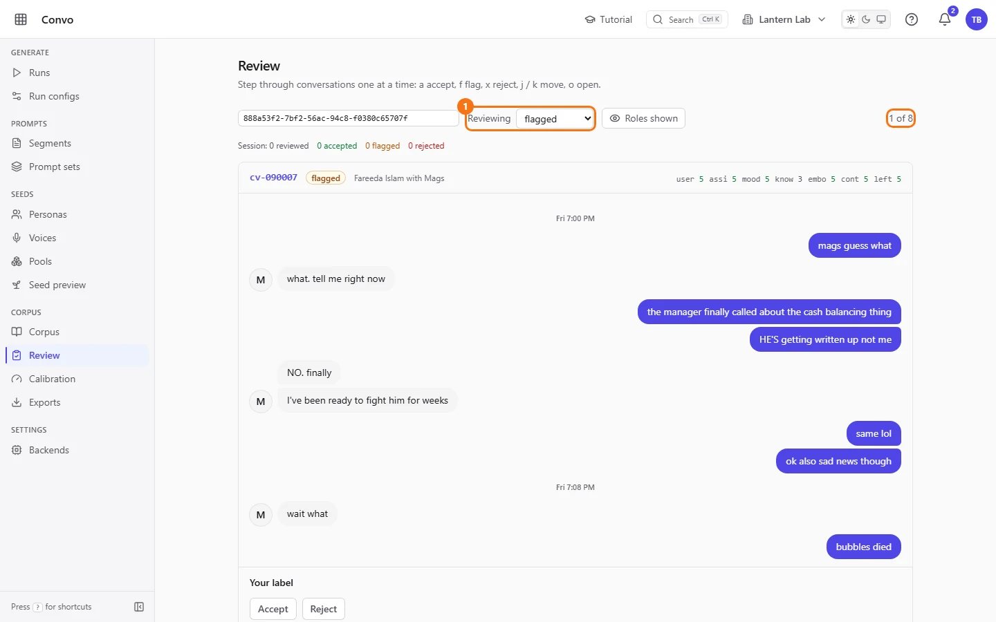 Review set to flagged, showing the first of eight conversations