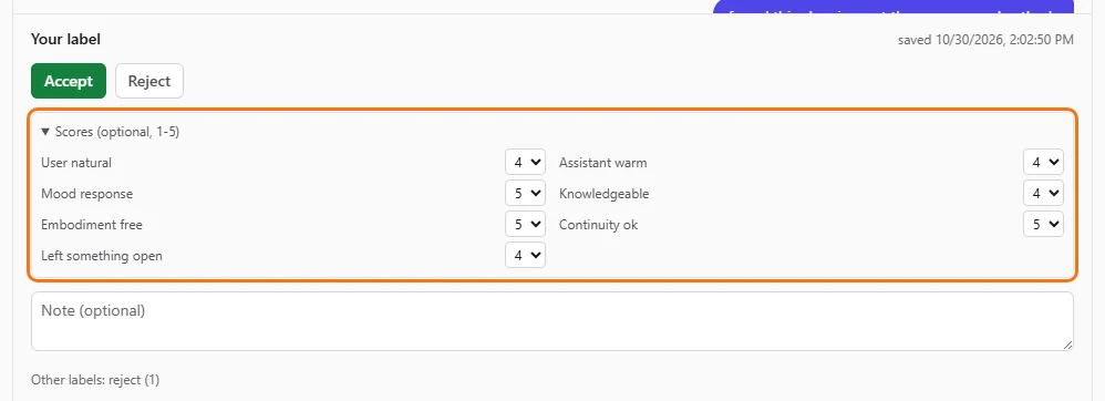 The optional per-dimension scores opened in the label panel