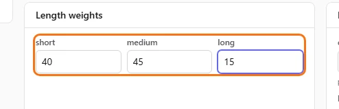 The Length weights fields set to 40, 45 and 15